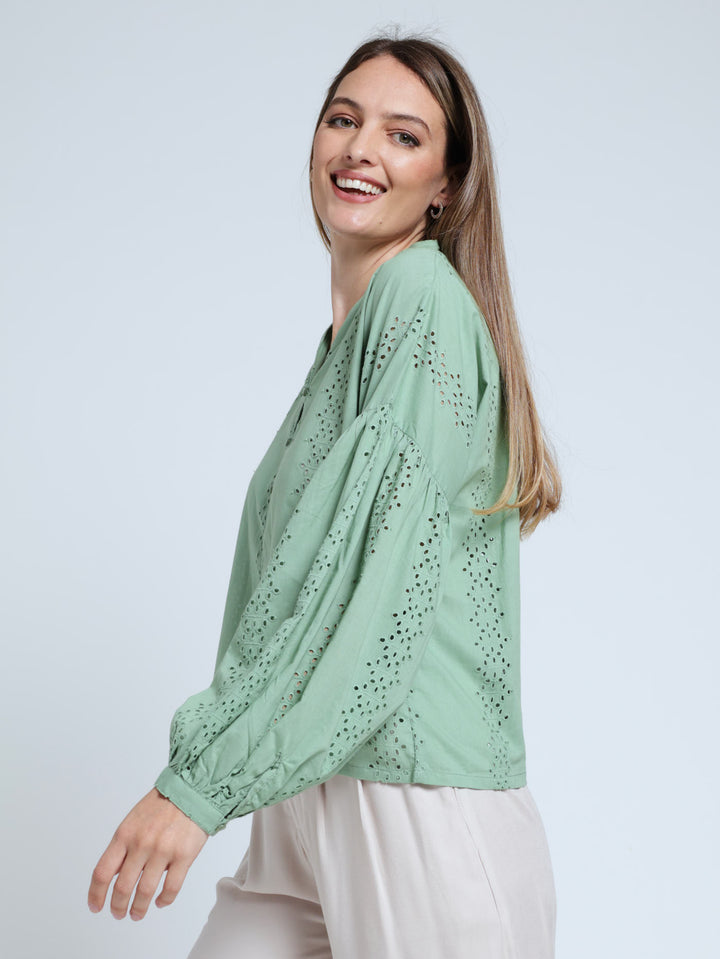 Long Sleeve Manadrin Button Through Anglaise Boho Blouse - Sage