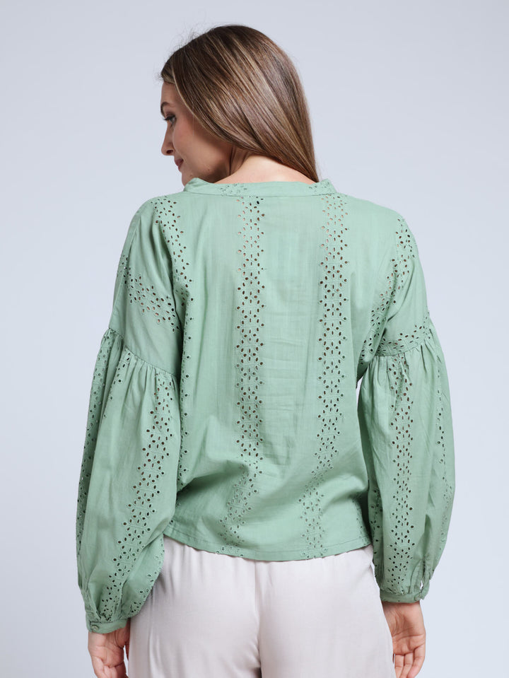 Long Sleeve Manadrin Button Through Anglaise Boho Blouse - Sage