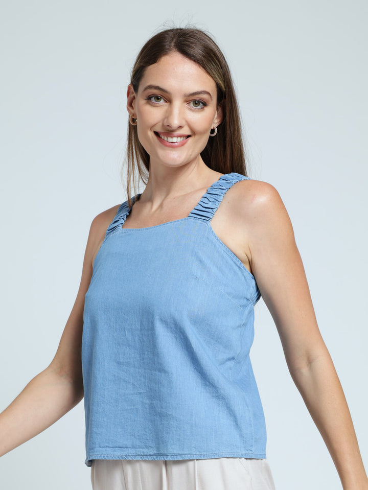 Elastic Strap Chambray Tank Top - Blue