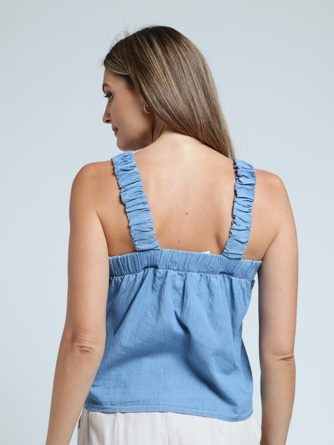 Elastic Strap Chambray Tank Top - Blue