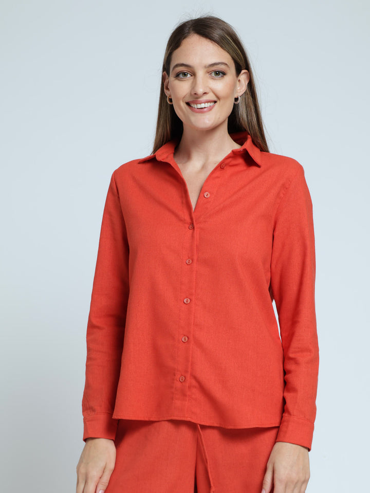 Long Sleeve Linen Shirt With Cuff - Burnt Orange