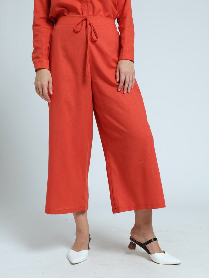 Flat Front Pull-On Wideleg Culotte Pants - Burnt Orange