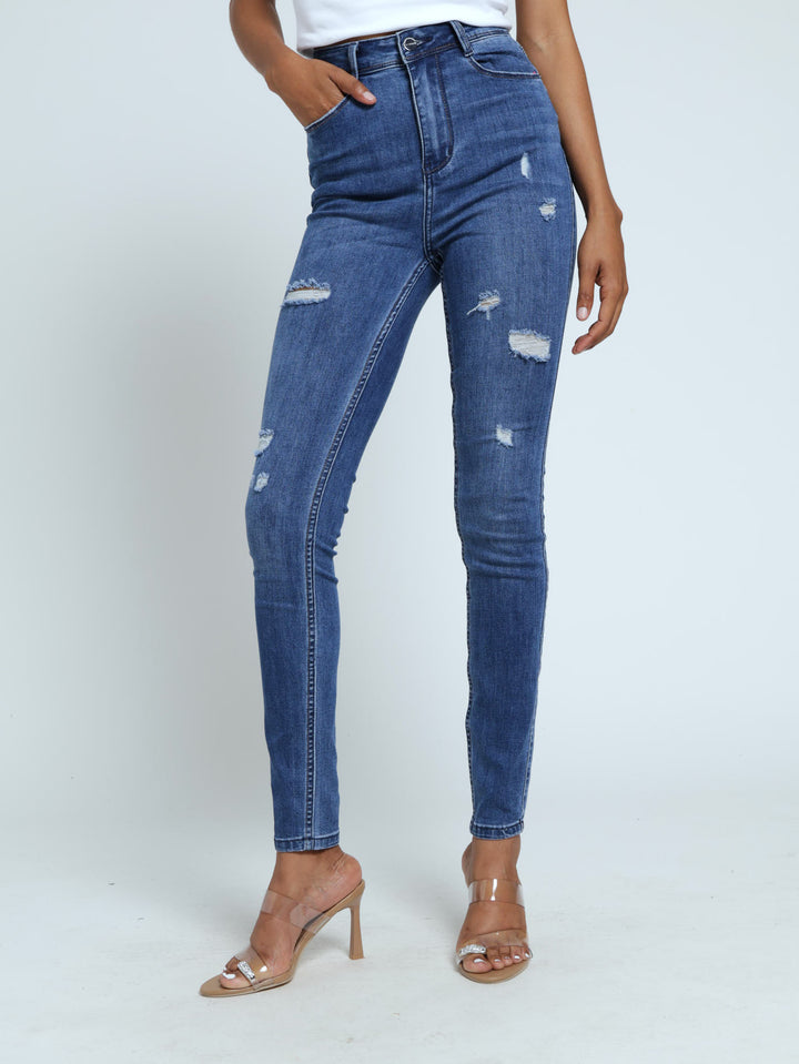 Ryder High Waist Sexy Curvy Fit Jean With Rips - Mid Blue