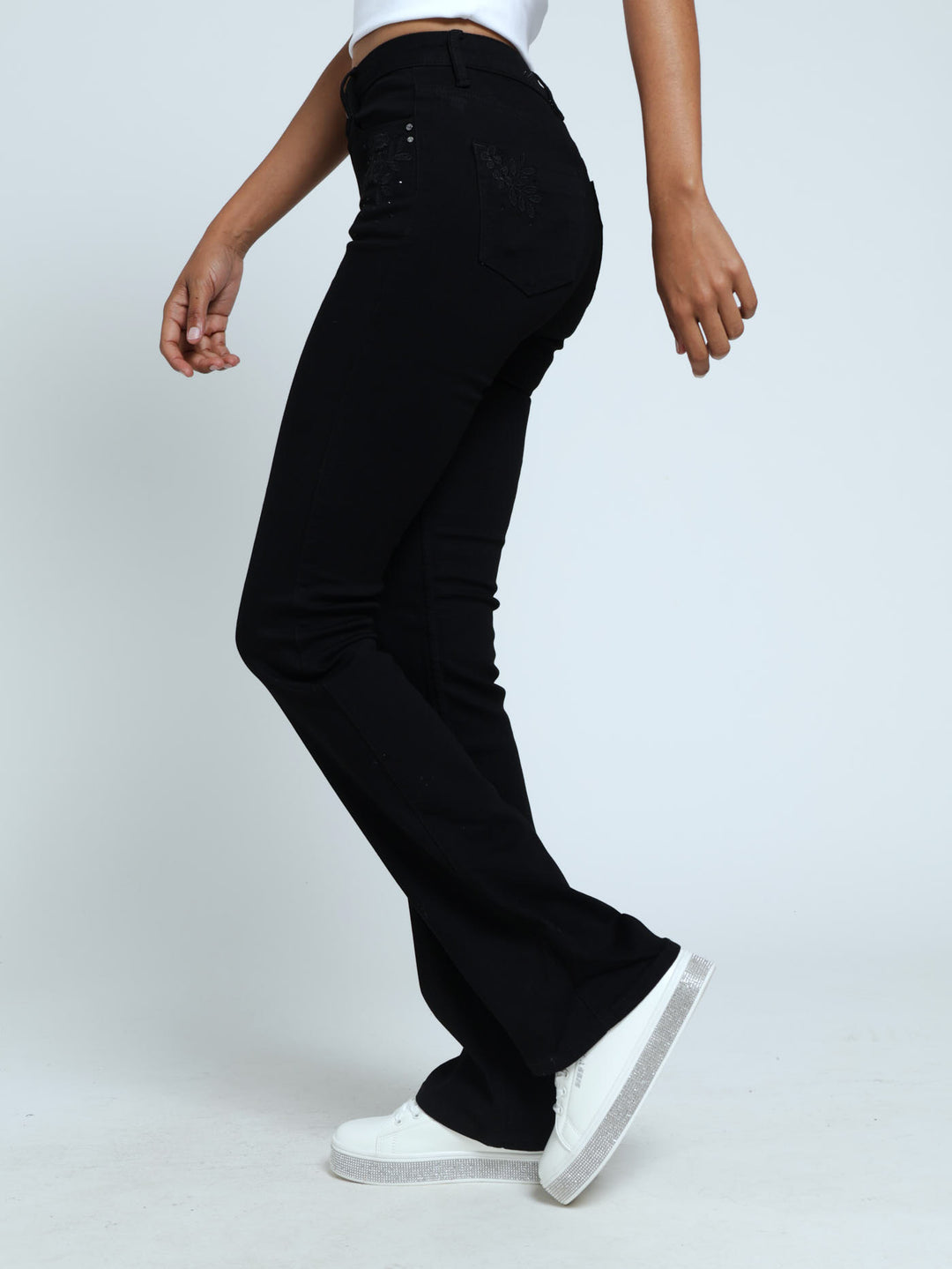 Mid Waist Bootleg With Crochet Detail - Black