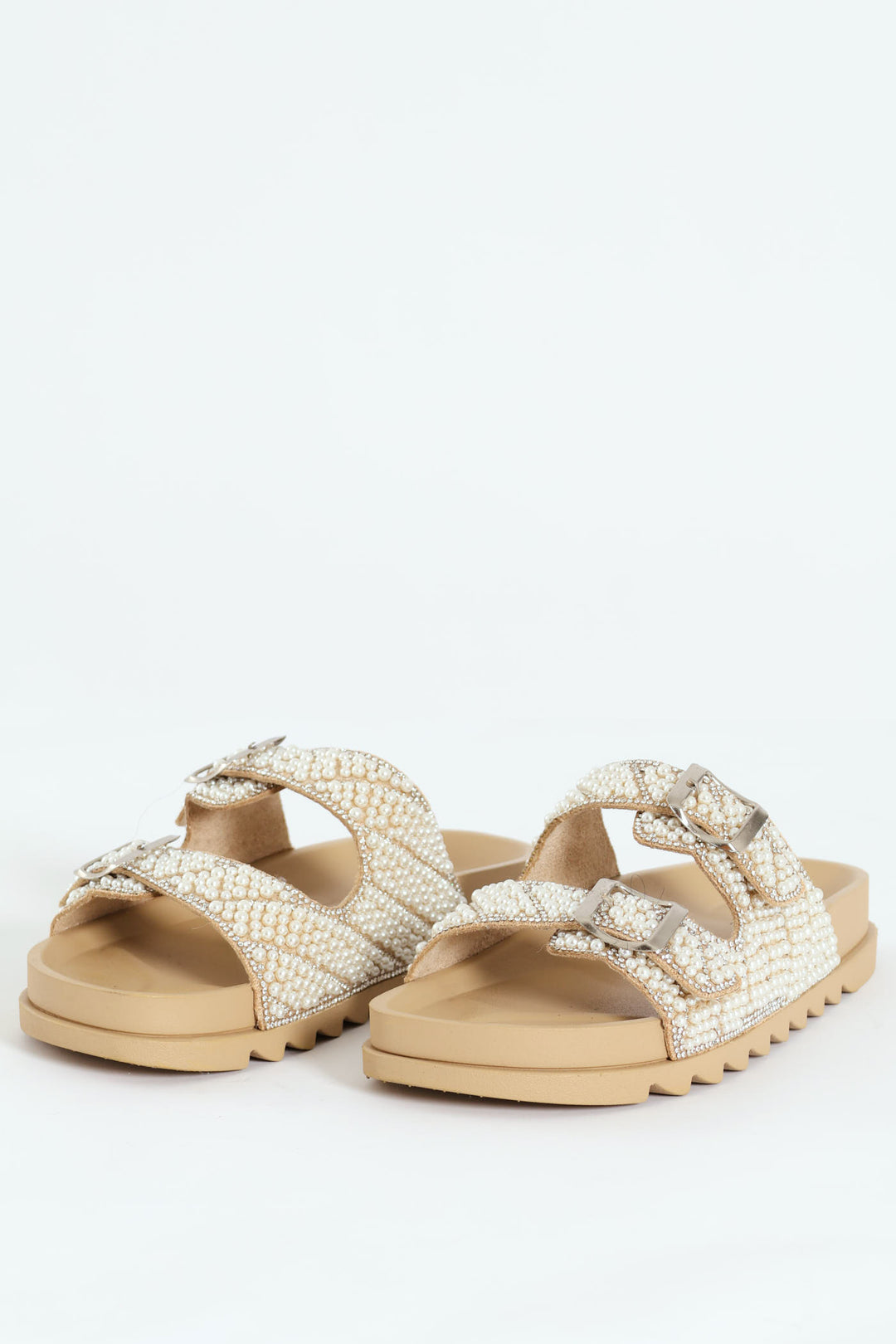 Pearl Encrusted Buckled Mule Sandal - Natural