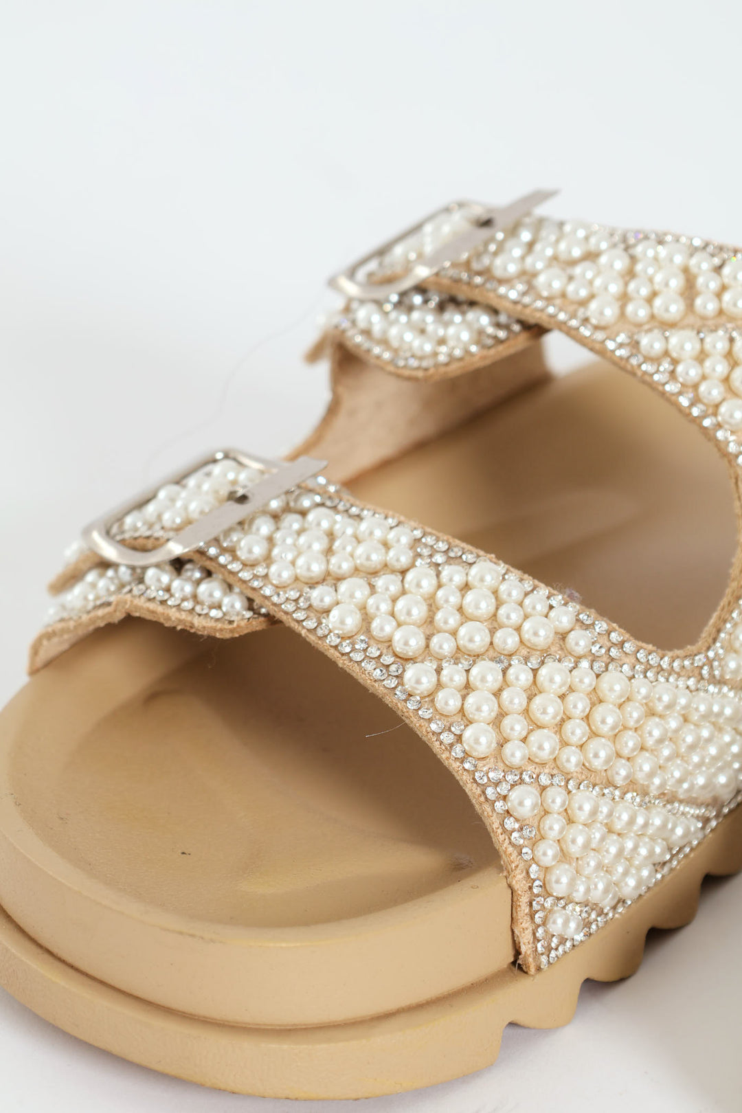 Pearl Encrusted Buckled Mule Sandal - Natural