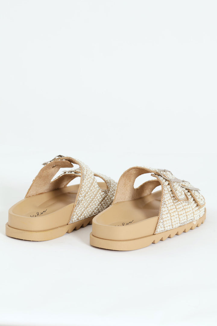 Pearl Encrusted Buckled Mule Sandal - Natural