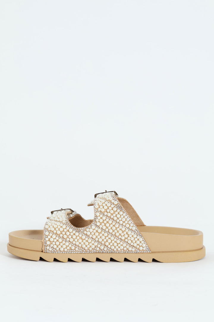 Pearl Encrusted Buckled Mule Sandal - Natural