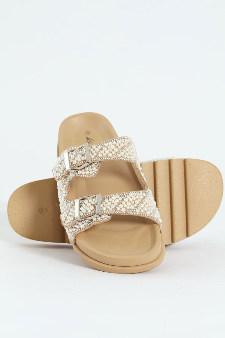 Pearl Encrusted Buckled Mule Sandal - Natural