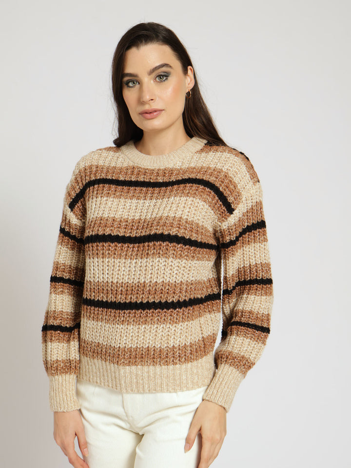 Long Sleeve Lurex Stripe Chunky Knit Sweater