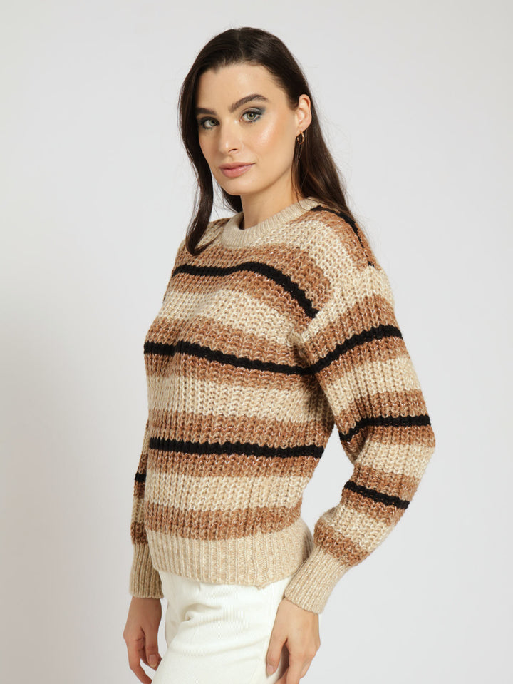 Long Sleeve Lurex Stripe Chunky Knit Sweater