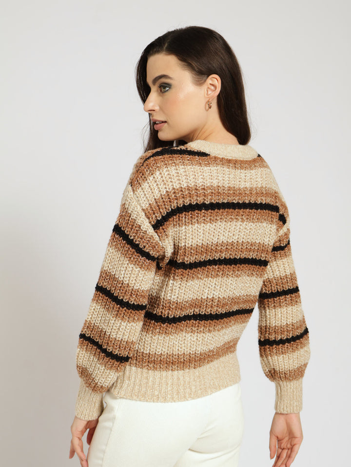 Long Sleeve Lurex Stripe Chunky Knit Sweater