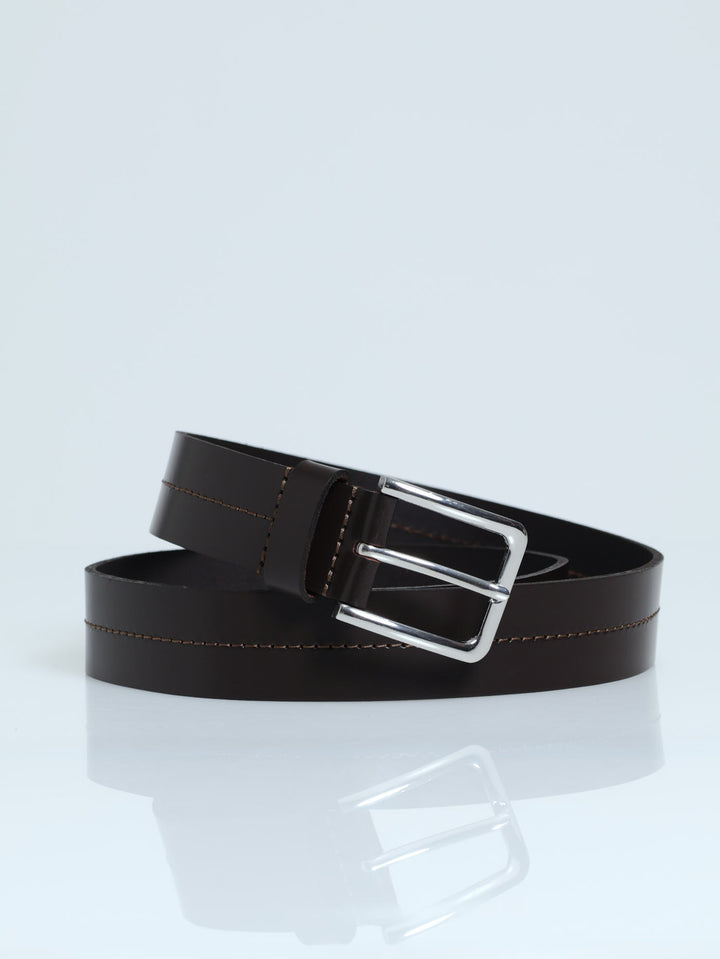 Dark Brown Leather Belt With Stitch Detail