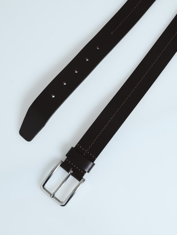 Dark Brown Leather Belt With Stitch Detail