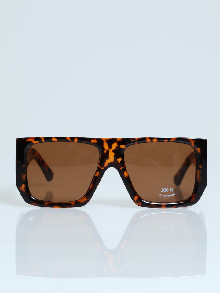 Wide Temple Gold Trim Square Visor Sunglasses - Tortoise