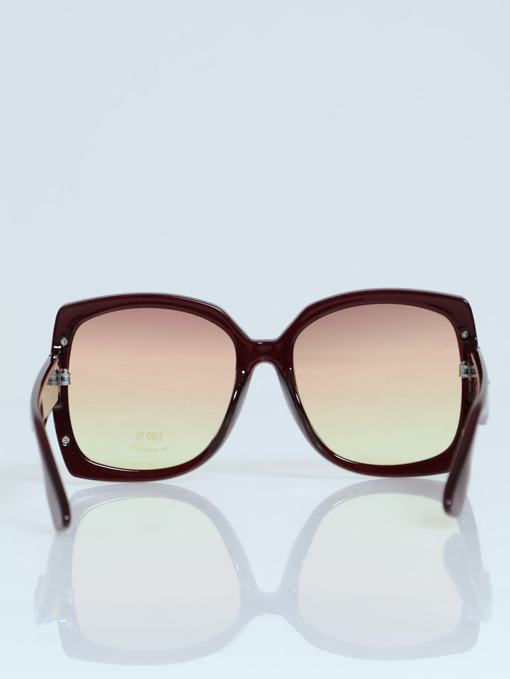 Gold Trim Large Frame Sunglasses - Burgundy