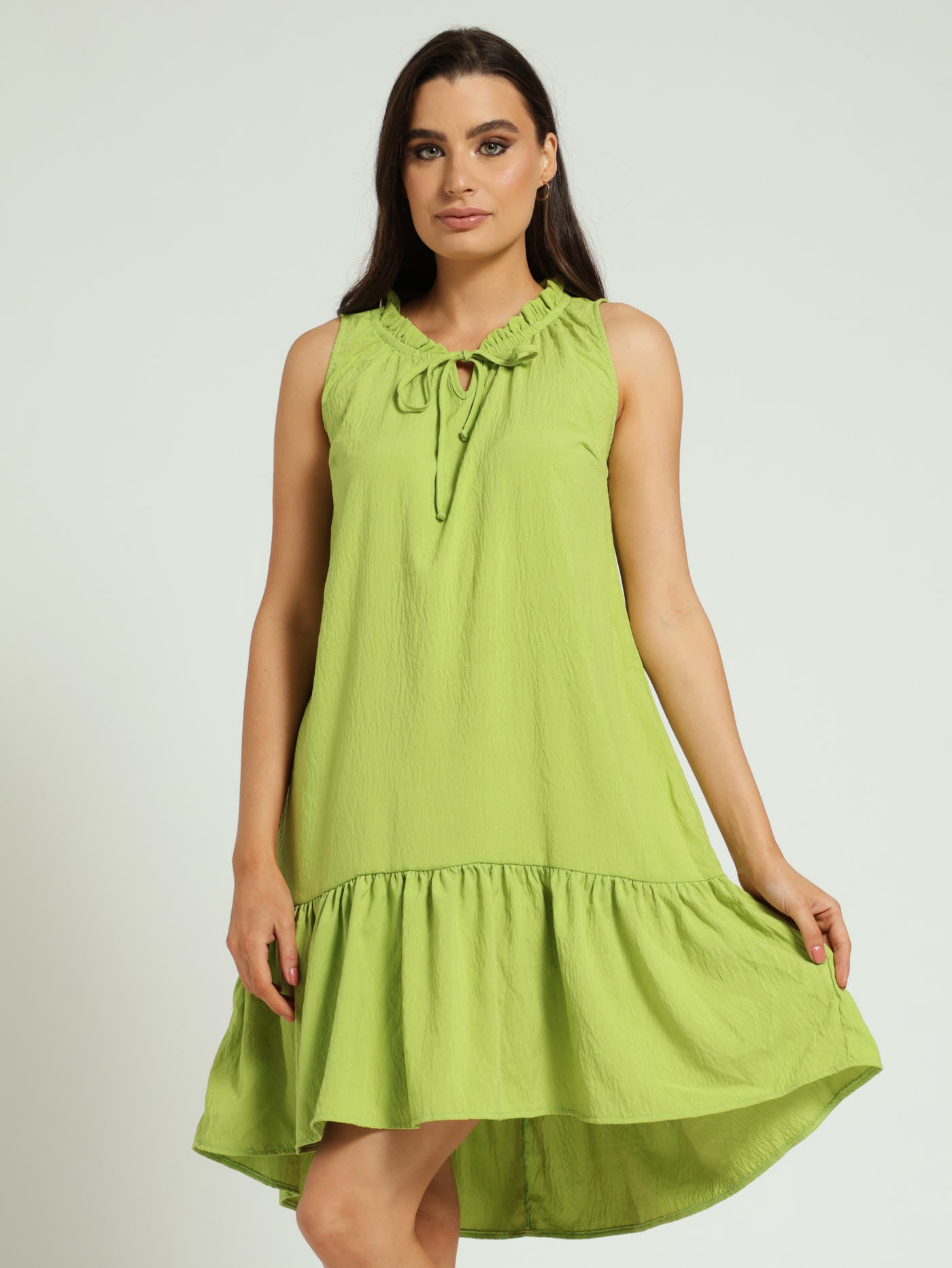 Frill Neck Drop Hem Dress Lime