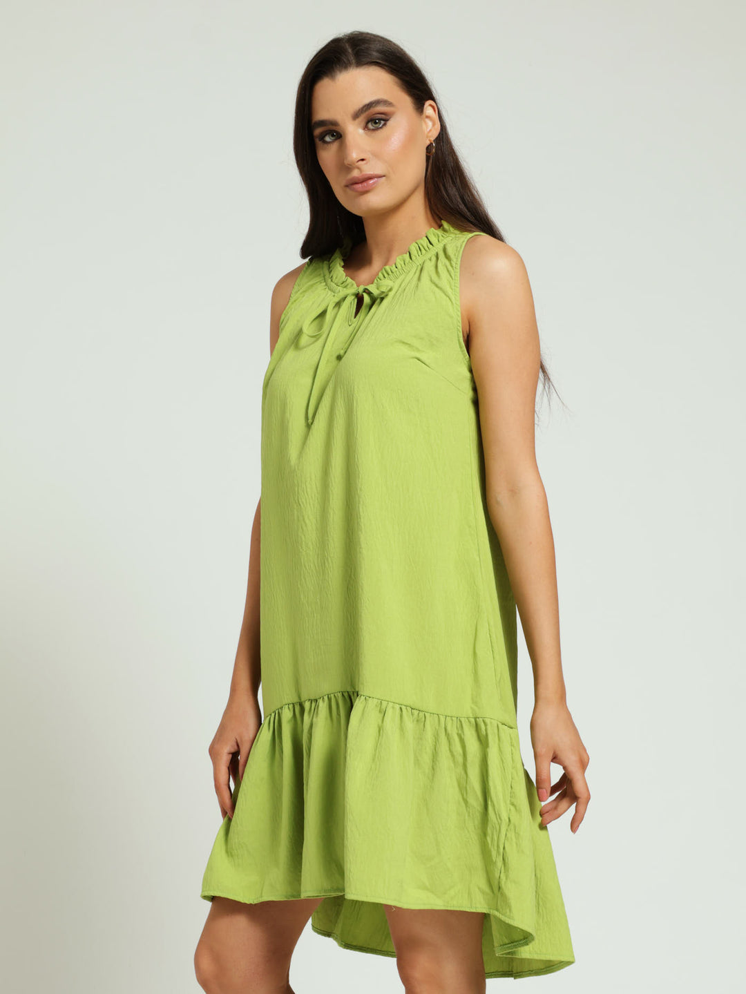 Frill Neck Drop Hem Dress - Lime