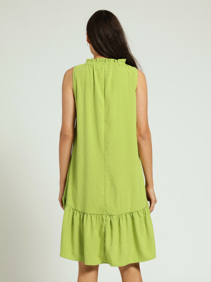 Frill Neck Drop Hem Dress - Lime