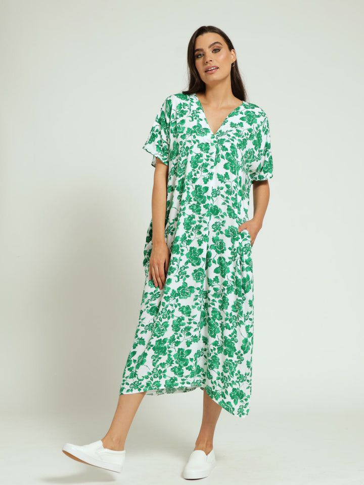 V-Neck Kaftan Pleated Front Midaxi Dress - White/Green