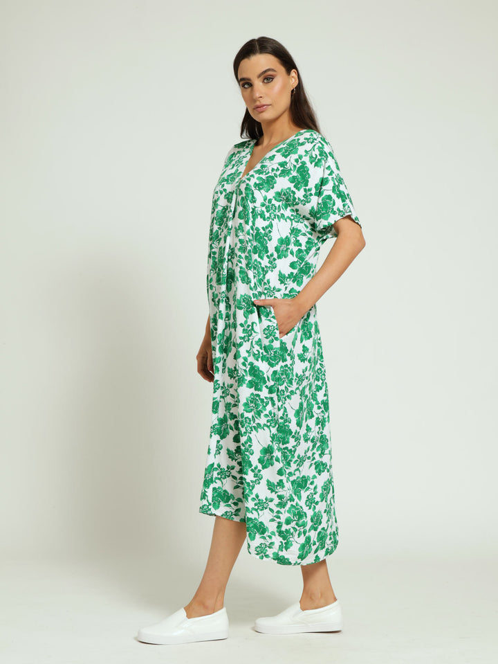 V-Neck Kaftan Pleated Front Midaxi Dress - White/Green