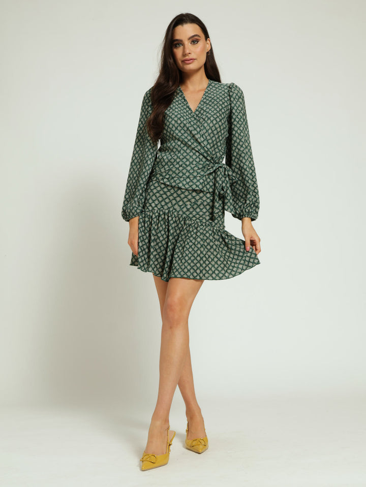 Long Sleeve Wrap Blouse - Forest Green