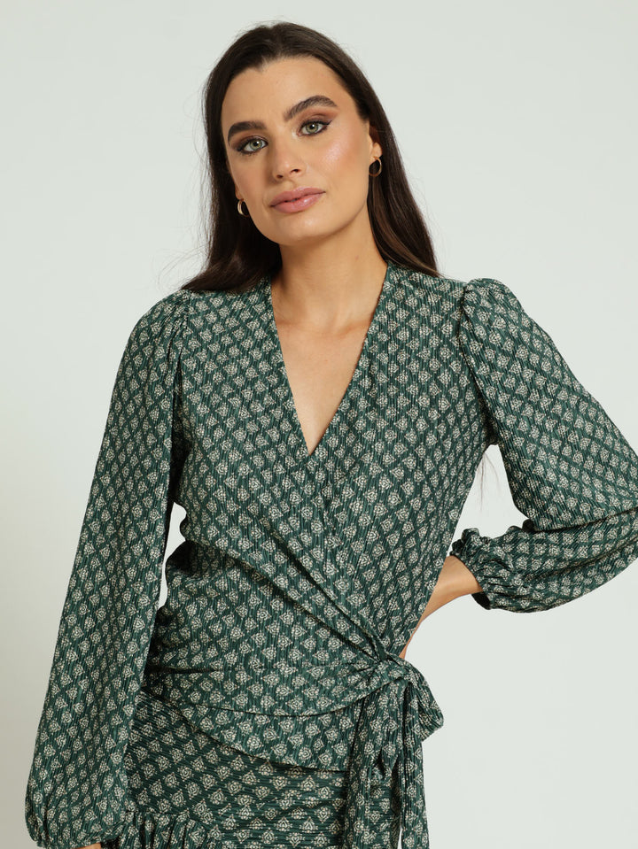 Long Sleeve Wrap Blouse - Forest Green