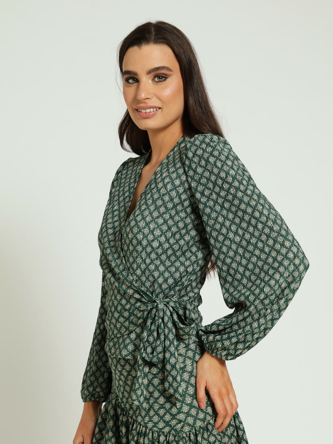 Long Sleeve Wrap Blouse - Forest Green