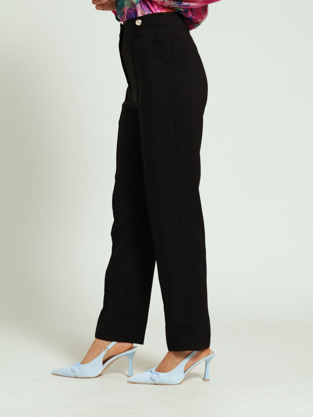 Pin Tuck Tab Detail Slim Leg Pants -  Black