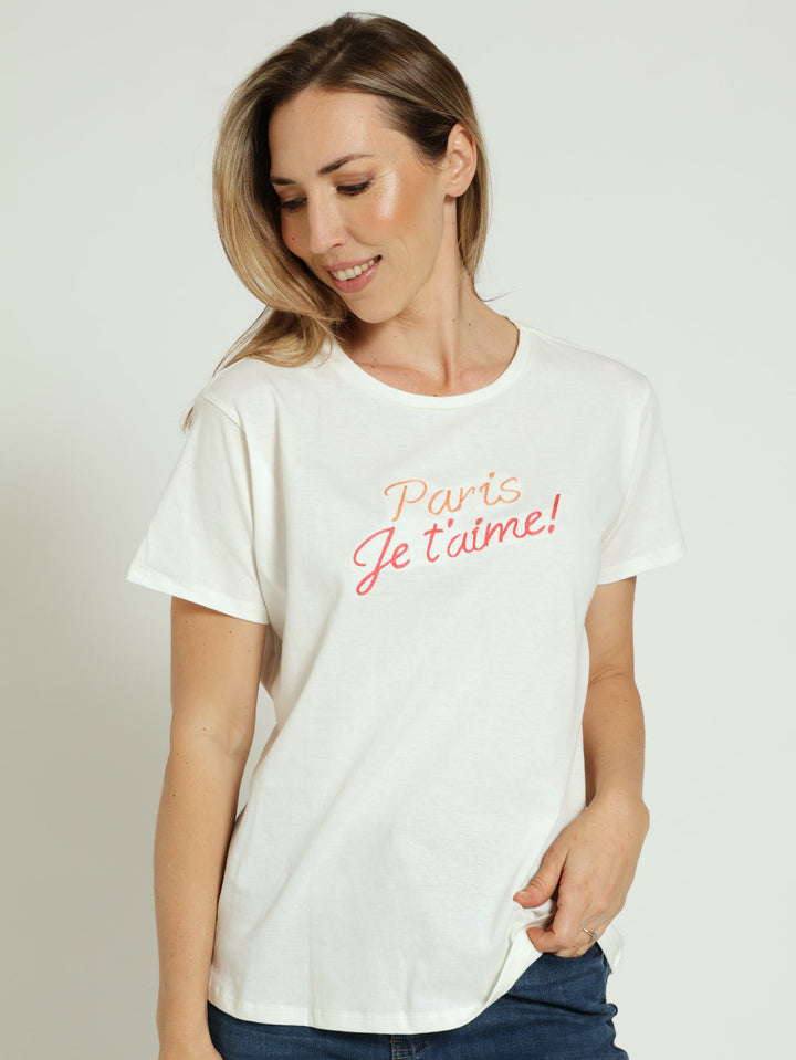 Embossed Paris J'Etaime Tee - Cream