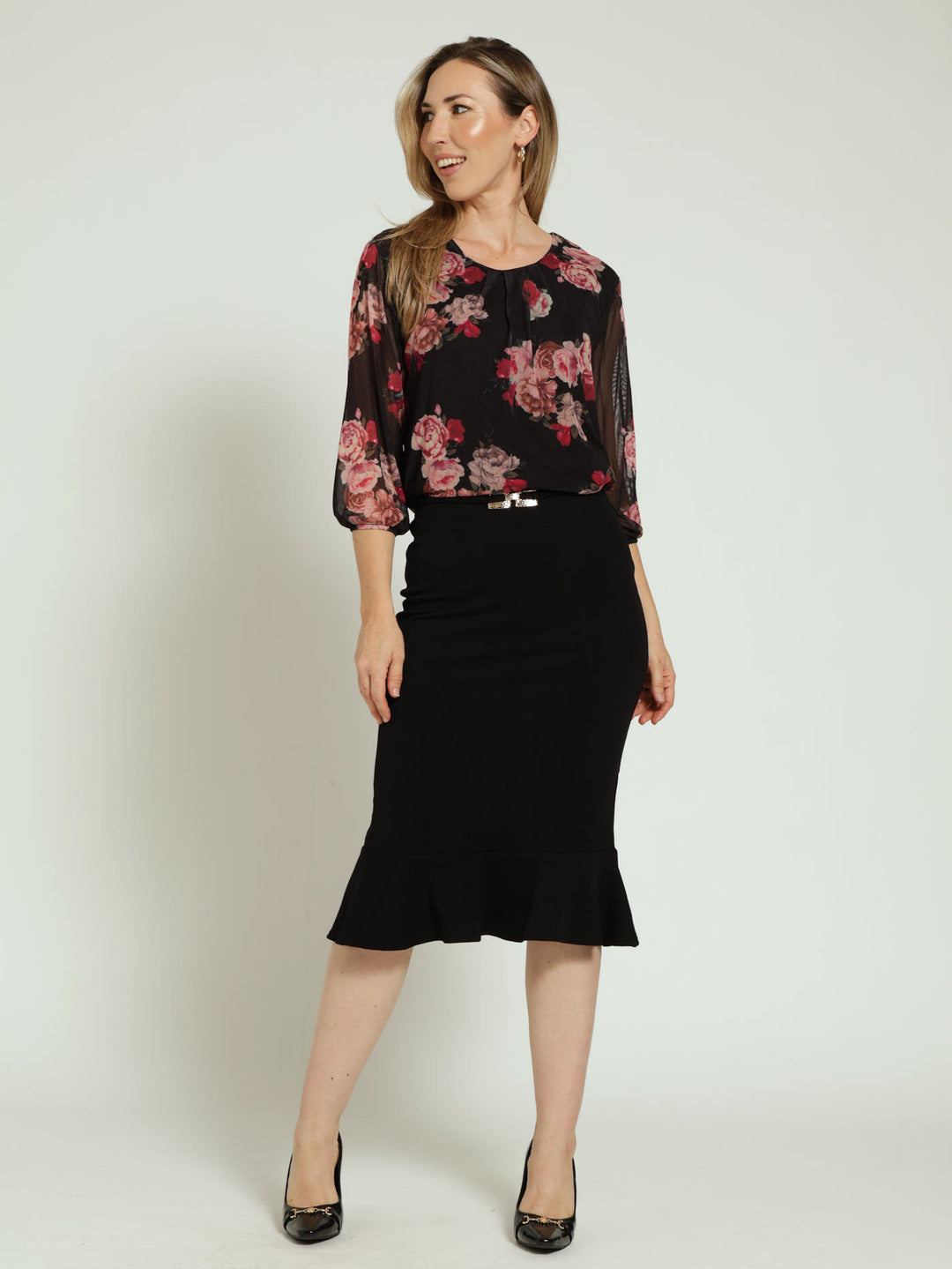 Flounce Bottom Trim Skirt - Black