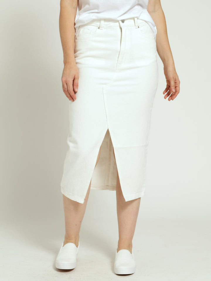 Denim Maxi Skirt With Front Angled Slit - White