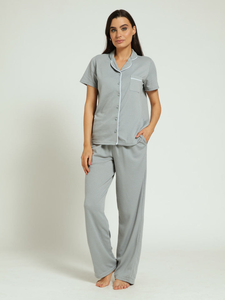 Button Through Waffle Shirt & Pants Pj Set - Duck Egg