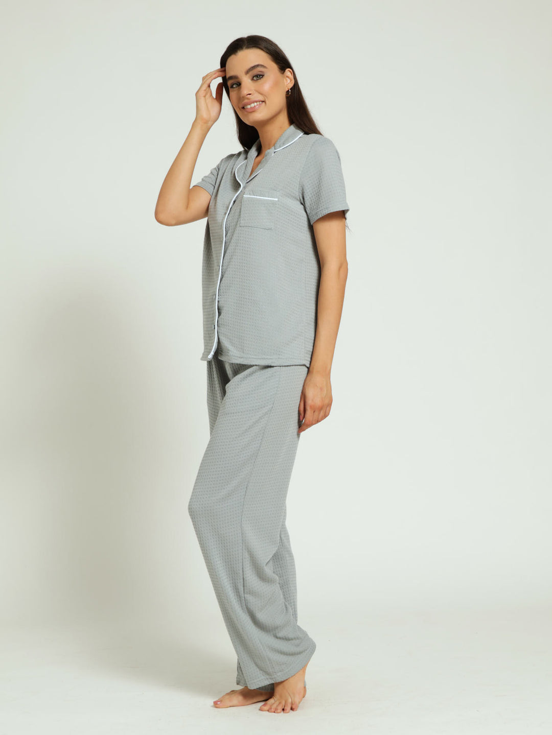 Button Through Waffle Shirt & Pants Pj Set - Duck Egg