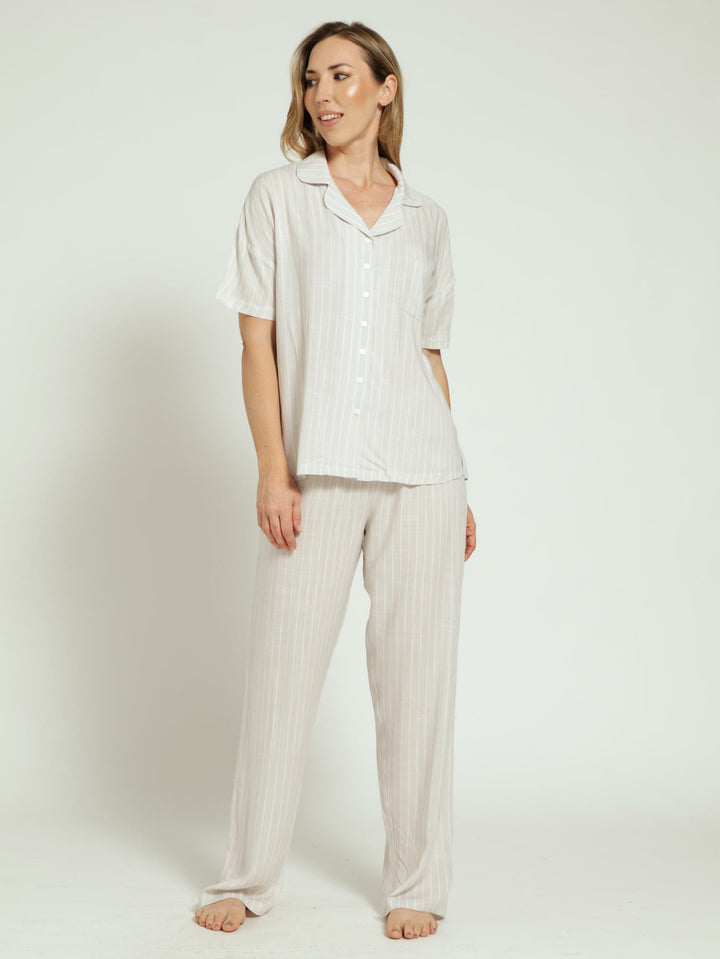 Button Through Linen Stripe Shirt & Pant Pj Set - Light Stone