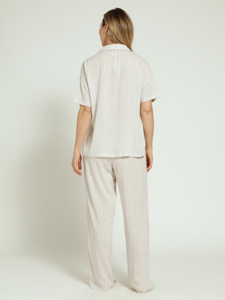 Button Through Linen Stripe Shirt & Pant Pj Set - Light Stone