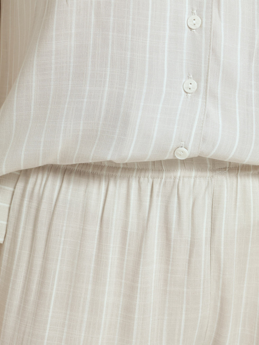 Button Through Linen Stripe Shirt & Pant Pj Set - Light Stone