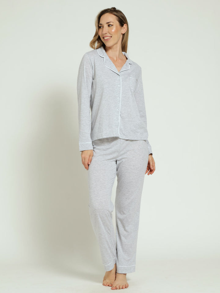 Long Sleeve Knit Pj Top & Pants Set - Grey Melange