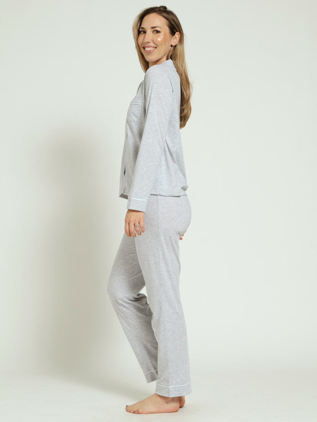 Long Sleeve Knit Pj Top & Pants Set - Grey Melange