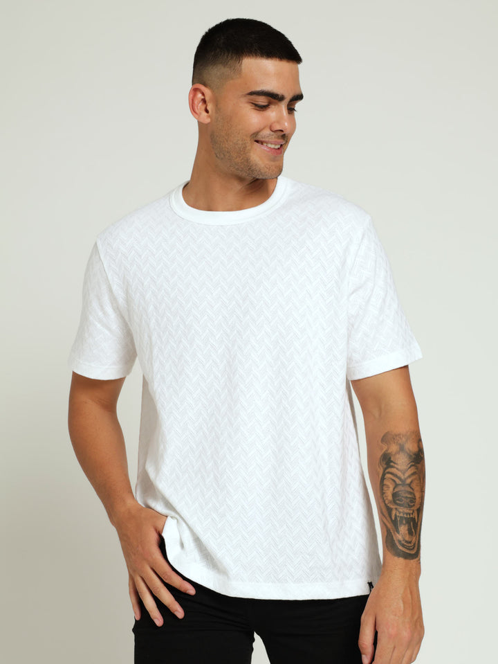 Wide Herringbone Crew Tee - White