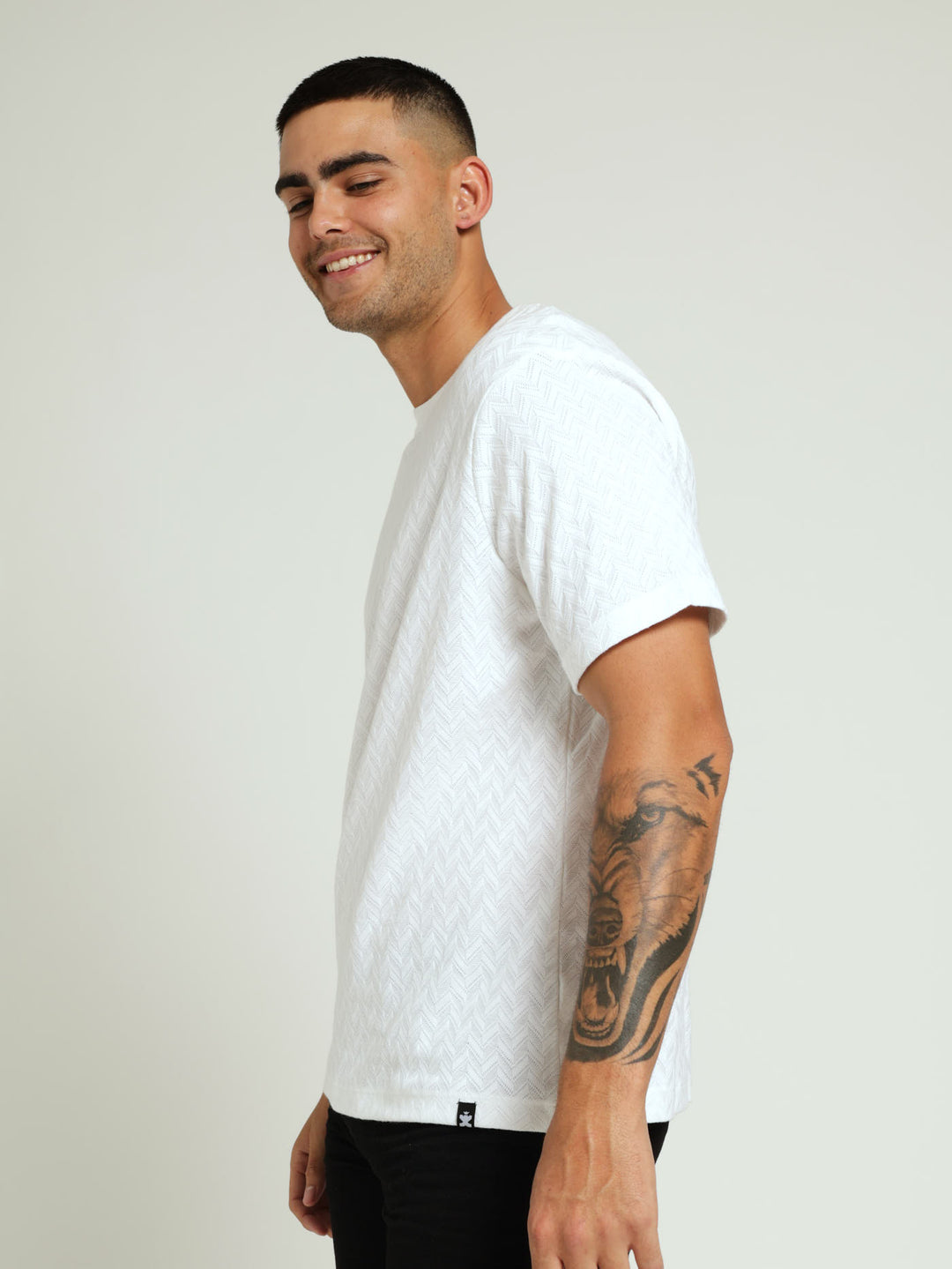 Wide Herringbone Crew Tee - White