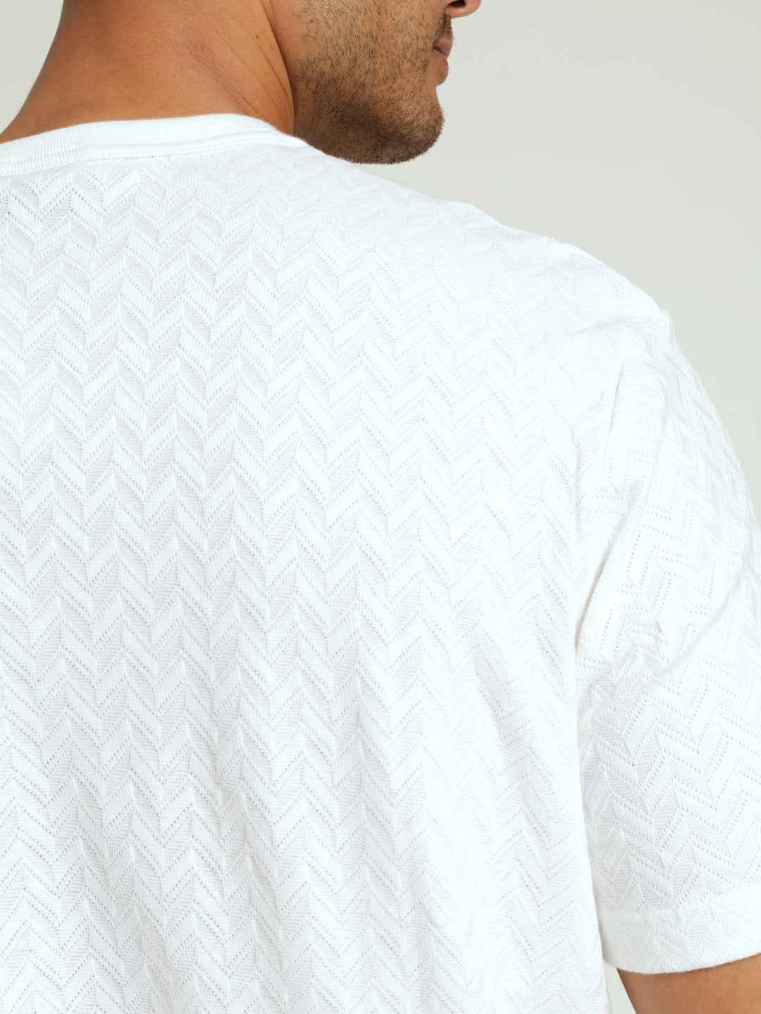 Wide Herringbone Crew Tee - White