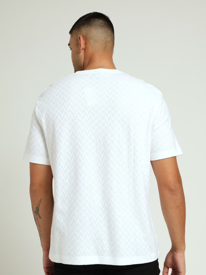 Wide Herringbone Crew Tee - White