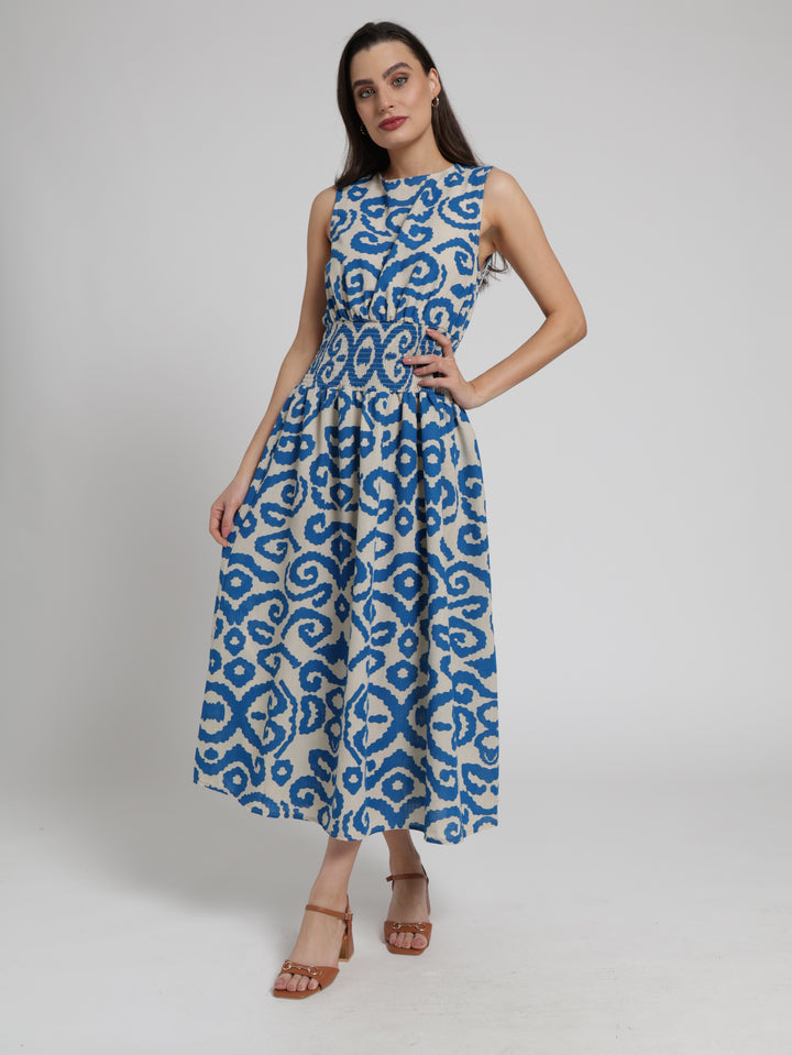 Sleeveless Shirred Waist Fit & Flare Maxi Dress - Stone/Blue