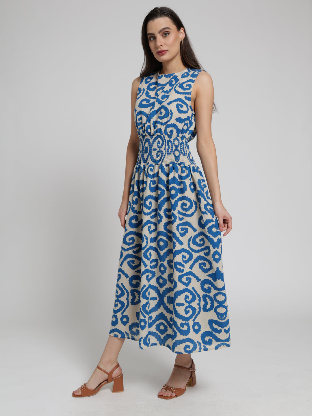 Sleeveless Shirred Waist Fit & Flare Maxi Dress - Stone/Blue