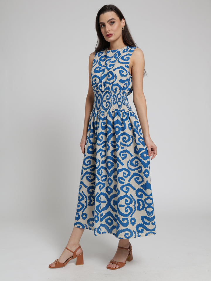 Sleeveless Shirred Waist Fit & Flare Maxi Dress - Stone/Blue