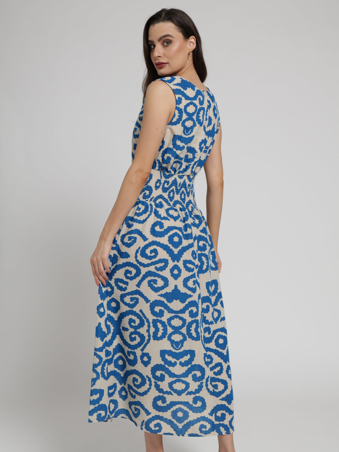 Sleeveless Shirred Waist Fit & Flare Maxi Dress - Stone/Blue