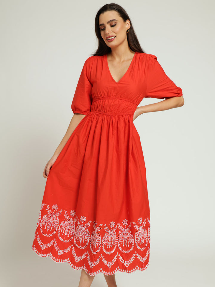 V-Neck Anglaise Hem F&F Maxi Dress - Orange