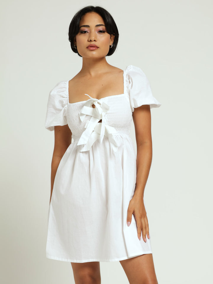 Bow Smock Dress - White