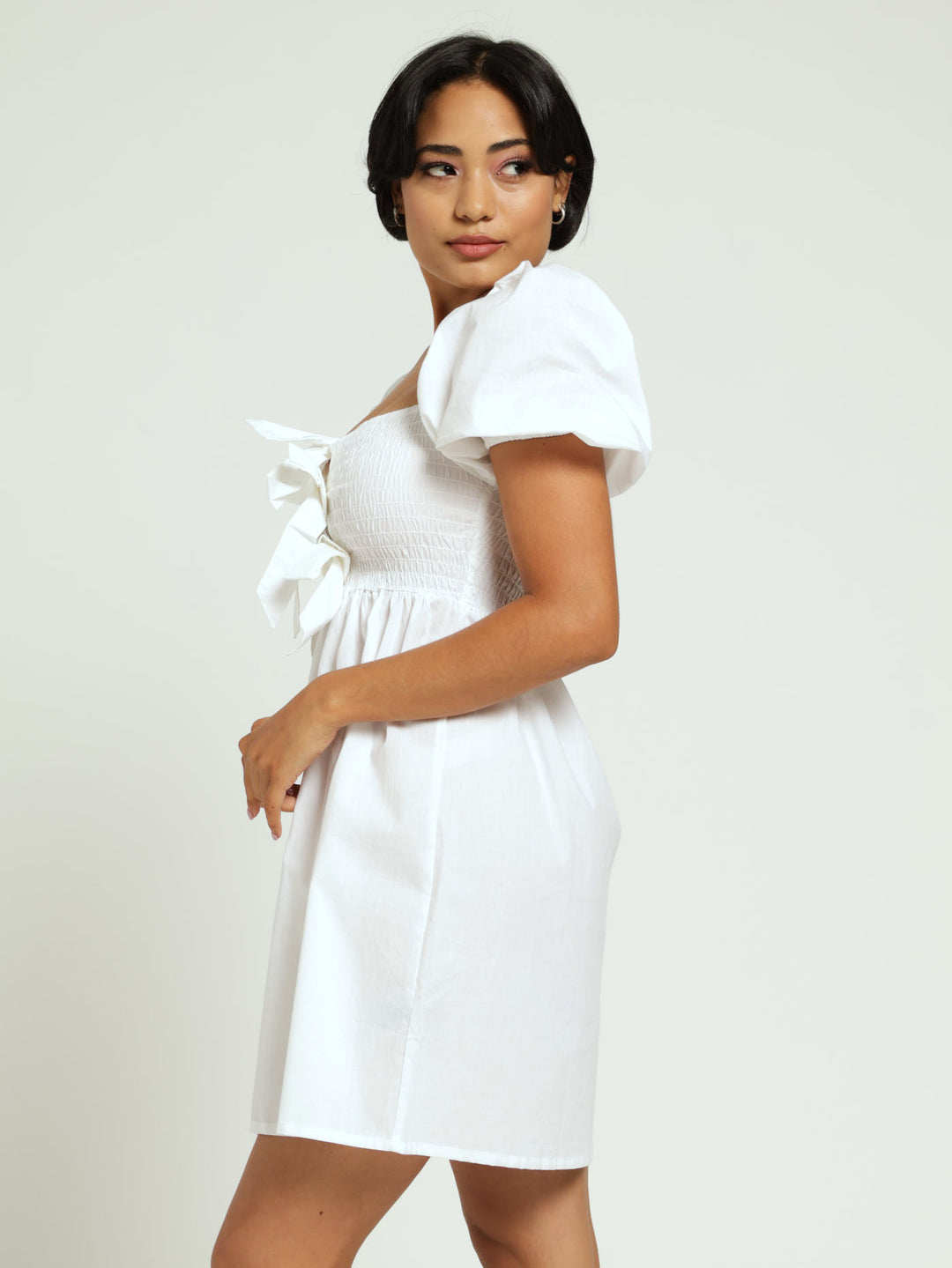 Bow Smock Dress - White